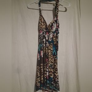 Floral & Leopard Print Dress in Beige, Black & Blue